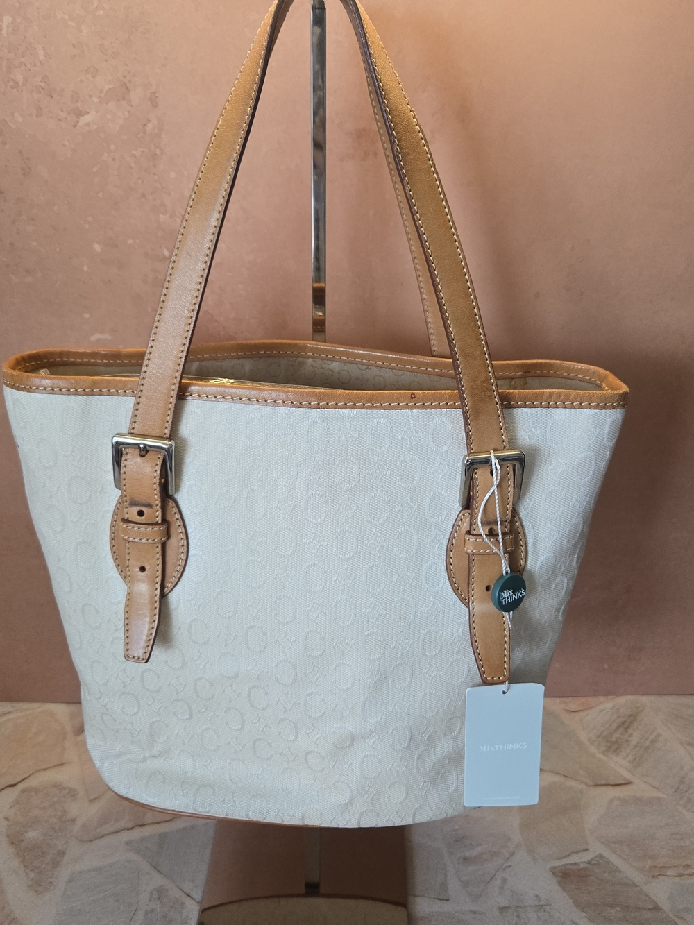 Vintage Céline White Macadam Canvas Tote Bag with Tan Leather Trim